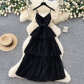 Red suspender layered pleated dress women's summer french holiday style waist ruffles cake skirt slimming look long skirt