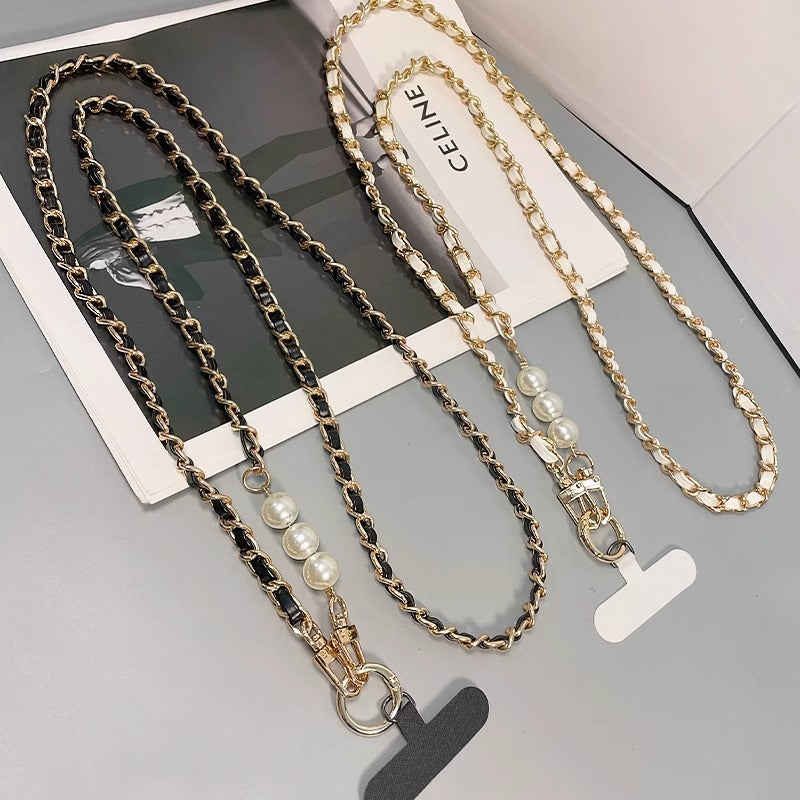 Mobile phone lanyard small fragrant pearl pickup chain long crossbody mobile phone hanging chain metal leather pendant bag chain