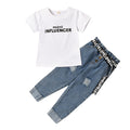 European and american cross-border new arrival: kids' round neck short sleeve letter print t-shirt + button-down distressed denim jeans with belt set