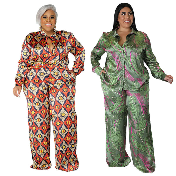 Manufacturer spot large-size women's clothing, printed cardigan, long-sleeved loose trousers, fashion printed casual suit, women's N7734