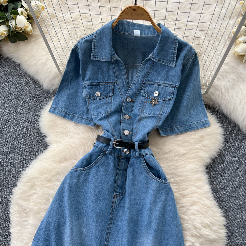 summer new arrival: women's short-sleeve denim dress - designer vintage polo collar, single-breasted, cinched waist, midi length
