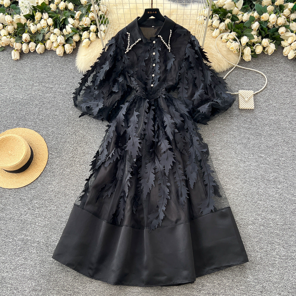 Frenchclassy heavy industry nail drill lapel lantern sleeve waist mesh tassel patchwork large swing puffy dress for women