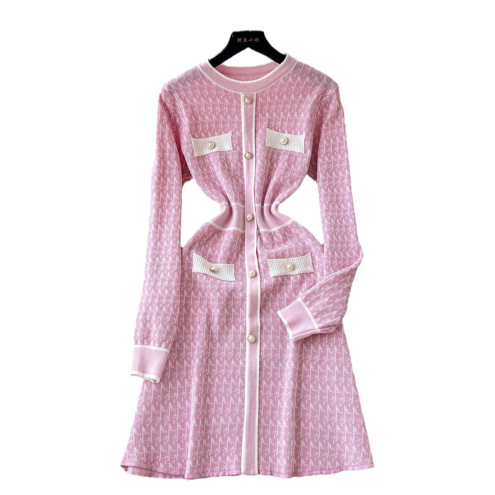 Autumn winternew arrival tweed style round neck pearl button waist contrast colorknittingdress women's long sleeveshigh waista-line skirt