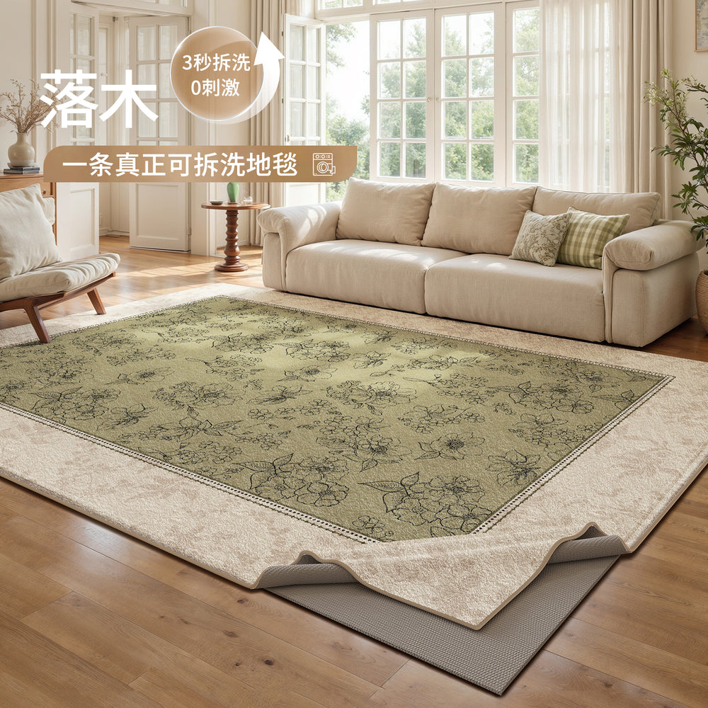 Removable and washable carpet for living room and bedroom, green retro medieval style, machine washable, double layer classy soundproof floor mat for home use