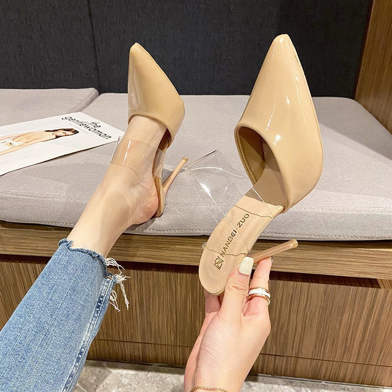 Plus size slippers 2025new arrivalk-style high-heeled sandals, thin-heeled one-line transparent strap toe-cap half-slippers outwear slippers