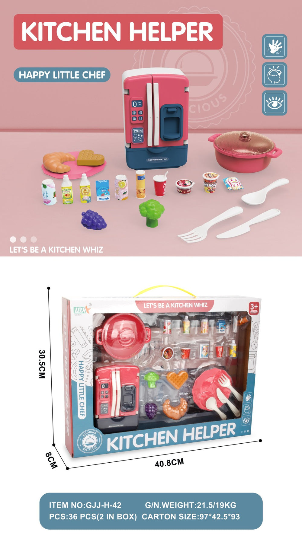 Realistic kitchen pretend play set for babies - mini cooking playset with table, utensils, appliances, and small fridge