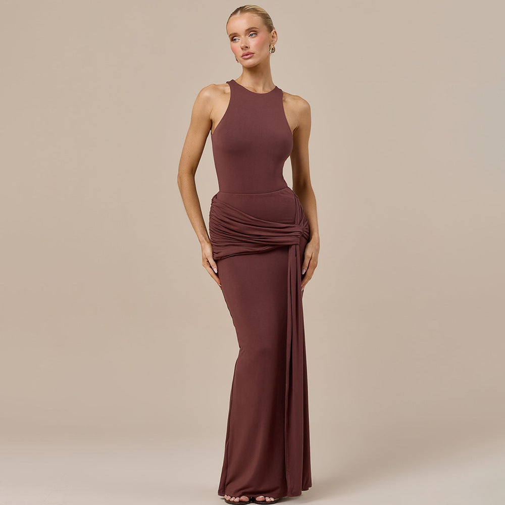 European and american style women's autumn  new arrival: elegant, sexy, slim-fit long dress - solid color sleeveless tie-up bodycon dress