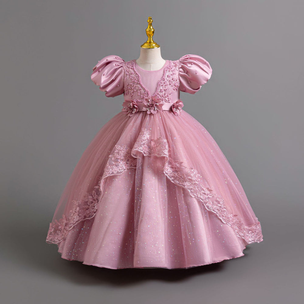 Ready-to-ship wholesale princess dresses with puff sleeves and lace detailing, perfect for children's formal wear, birthdays, piano recitals, and performances. kids' dresses