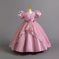 Ready-to-ship wholesale princess dresses with puff sleeves and lace detailing, perfect for children's formal wear, birthdays, piano recitals, and performances. kids' dresses