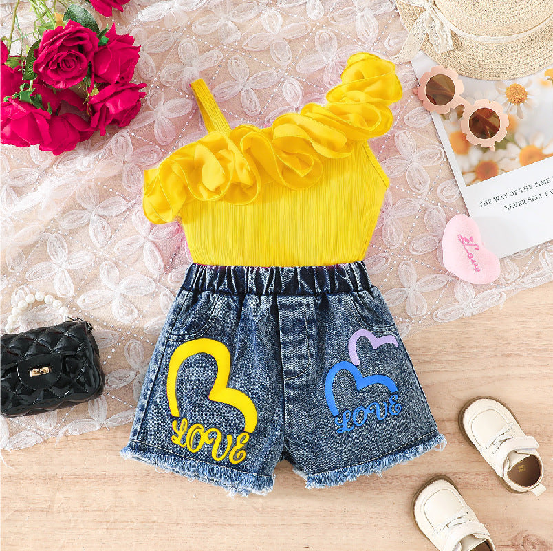 new girls' ruffle trim one-shoulder cami top + heart print denim shorts set