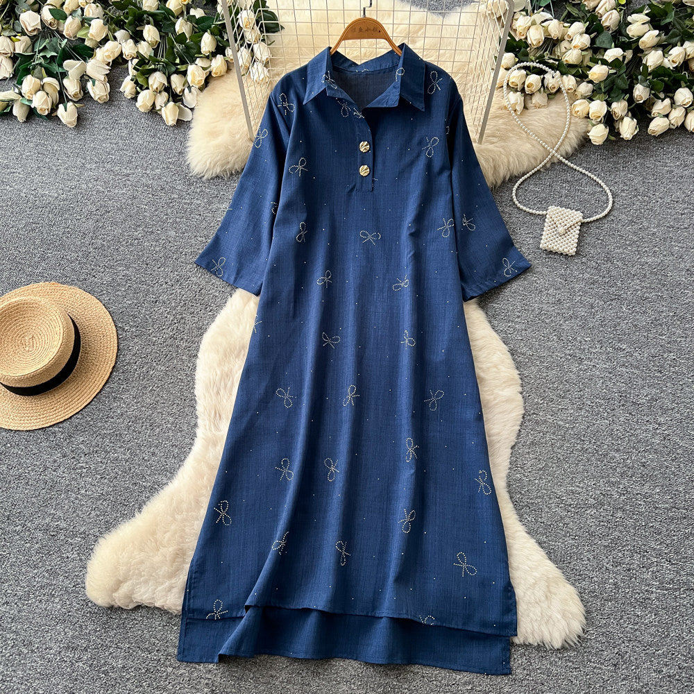 Light mature french style red printingdress women's summer diamond bows short-sleeved lapel slimming lookelegantwork clothing skirt