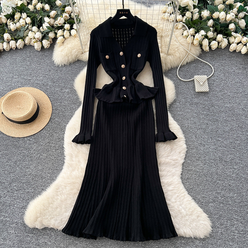 Xiaoxiangfengclassy sense of celebrity heavy industry metal buckle v neck waist rufflespatchwork waist knittingdress female