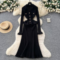 Xiaoxiangfengclassy sense of celebrity heavy industry metal buckle v neck waist rufflespatchwork waist knittingdress female