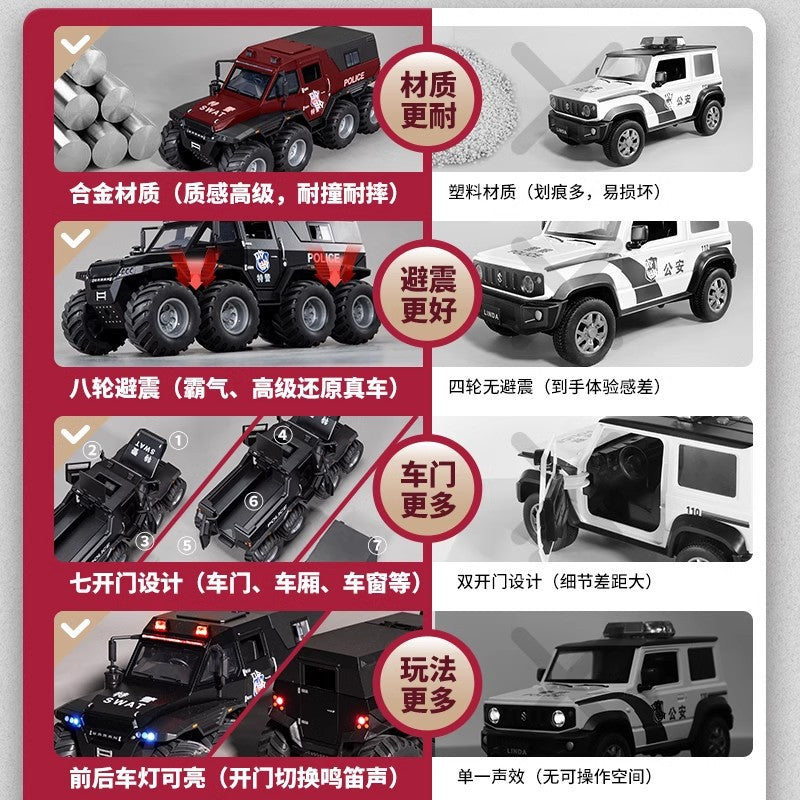 Kids' large-sized toy police car, alloy off-road vehicle, realistic model car, armored swat car, new cross-border product for boys
