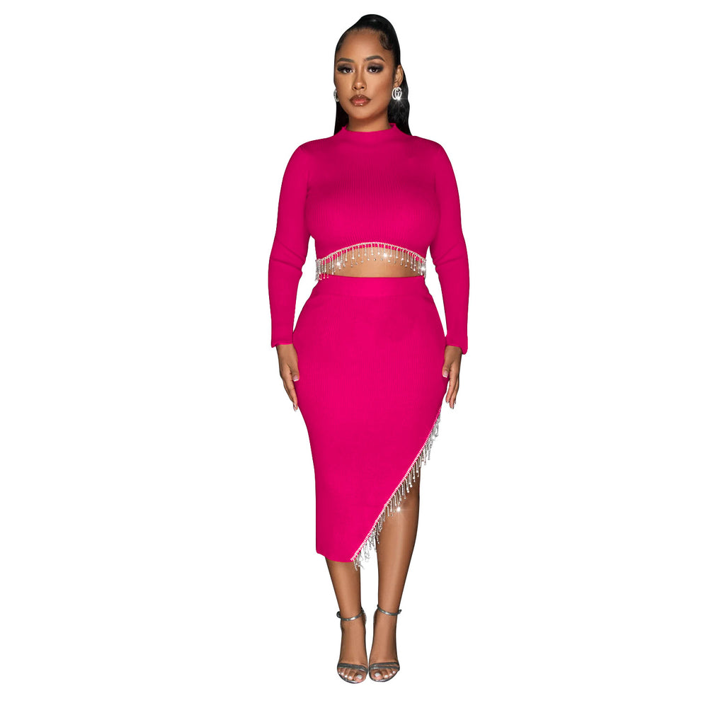 C6829 cross-border   fashion women's solid color long sleeve cropped two-piece dress set