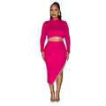 C6829 cross-border   fashion women's solid color long sleeve cropped two-piece dress set