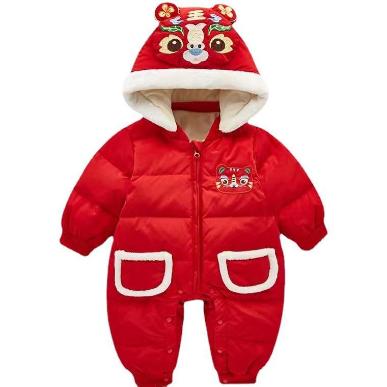 Newborn infant winter chinese new year fleece-lined thickened chinese style new year outfit first birthday warm festive outdoor crawling suit