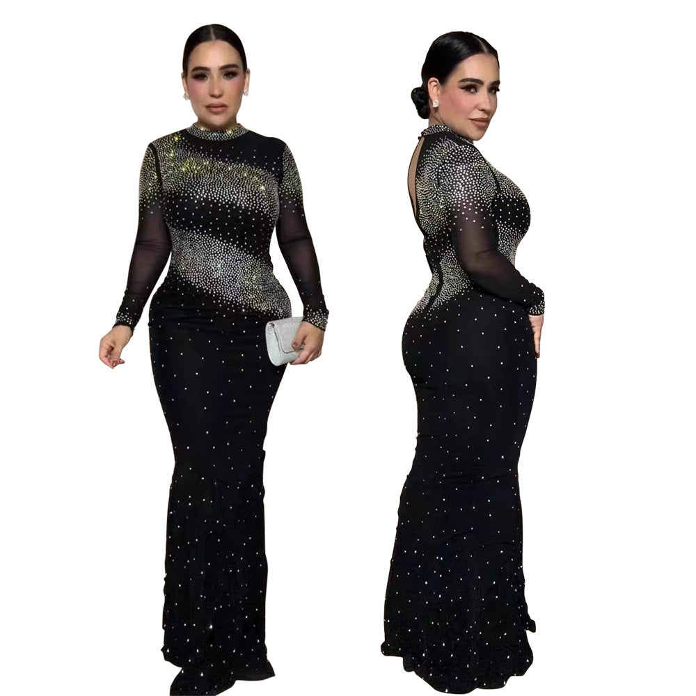 CY901655 European and American 's new semi-turtleneck sexy hip-wrapped long dress dress dress party hot diamond model