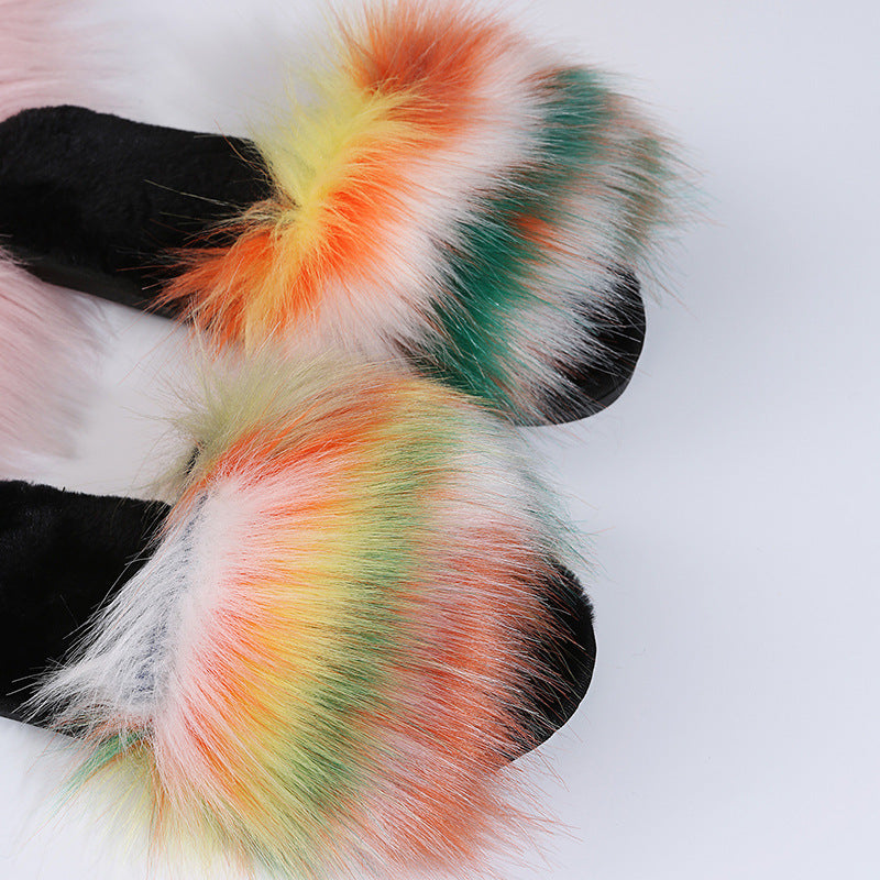 Wholesale fur slippers from fur manufacturers: home-friendly faux fox fur one-piece slippers, new fashionable plush slippers for autumn and winter
