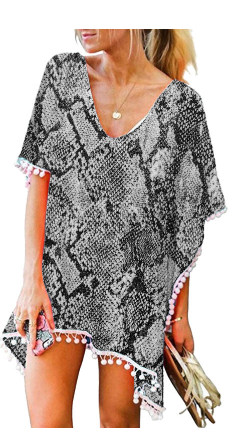 fashionnew arrivalprinting tassel small white ball chiffon beach skirt blouse ready-made trendy brand