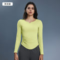 Women's v-neck stretch slim-fit yoga top for autumn - includes bra pads, long sleeve fitness t-shirt d25175