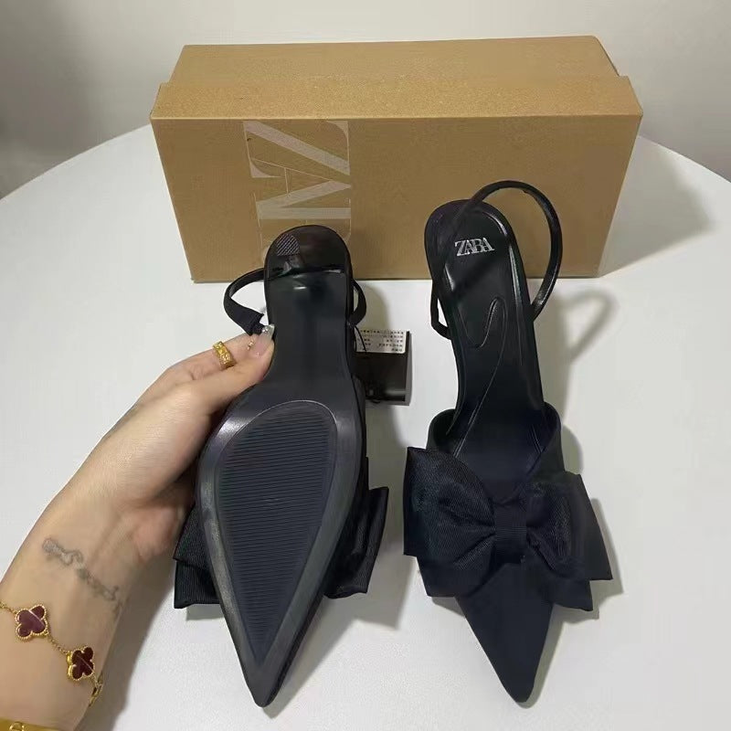 Za autumn new 2023 french high heel pointed toe bowknot decorated low-cut slingback niche design stiletto sandals for women