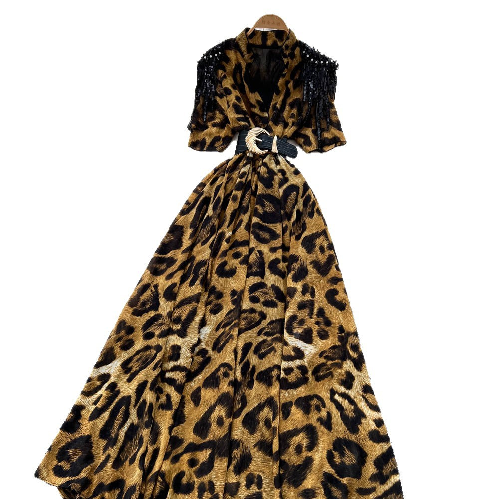 European and american fashion light luxury diamond-embellished tassel v-neck tie-waist printed maxi dress - slimming, elegant, and flowy