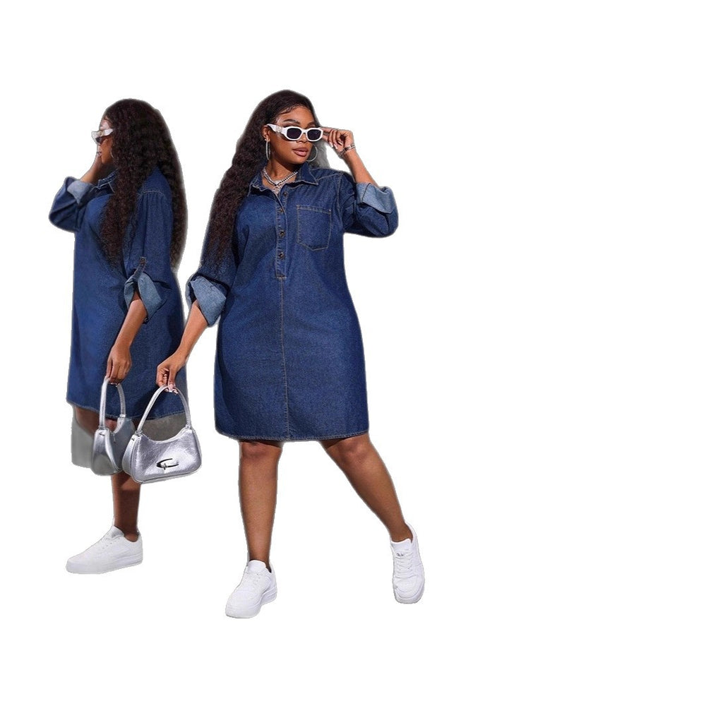 European and american cross-border  direct sales denim women's clothing loose fashion new denim long-sleeved casual retro dress