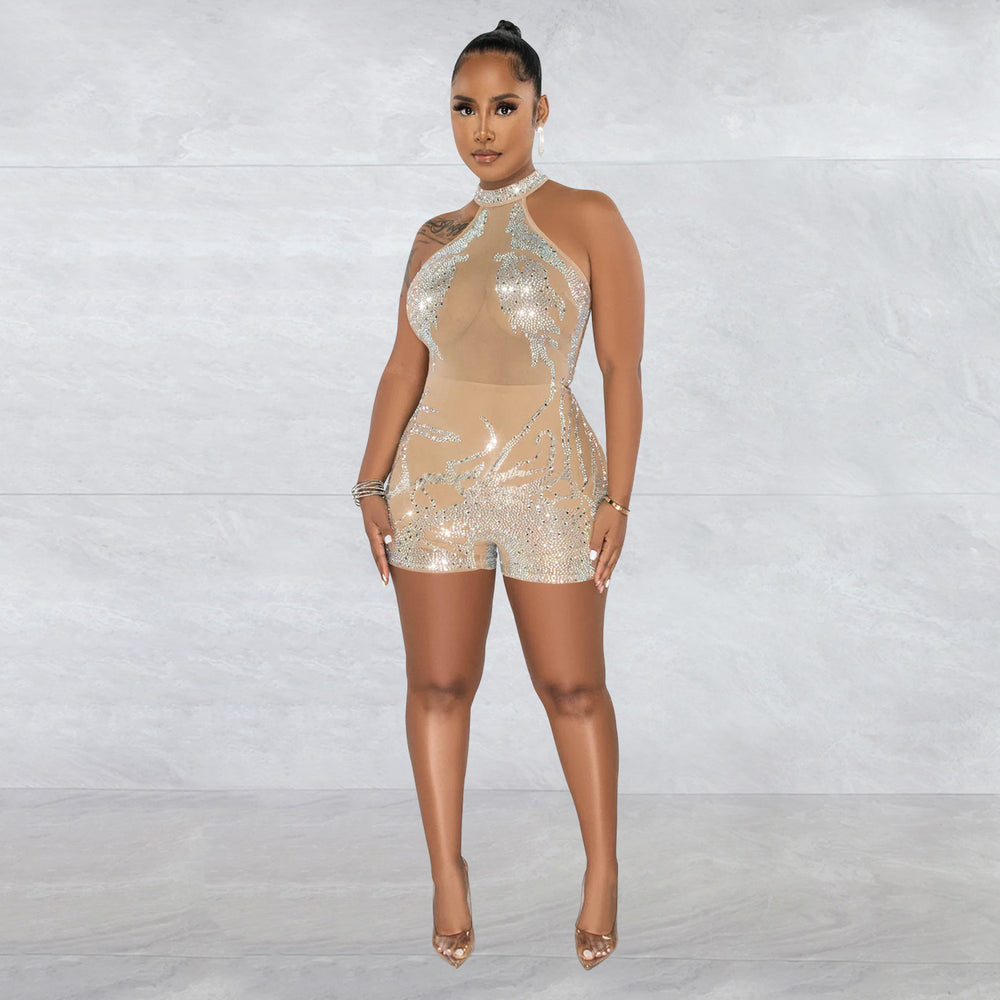 C6265 cross-border   fashion women's mesh see-through rhinestone sleeveless shorts jumpsuit