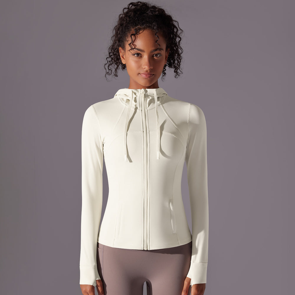 New double-sided nylon solid color zipper pocket hooded sports jacket running fitness yoga long sleeve outerwear for women