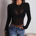 Amazon fashion women's cut outsee-through t-shirt long sleevespulloverfashion leopard print silm bottom shirt tops