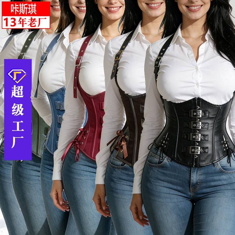 Xiyin corset fashion festival pu leather corset shaping slimming look belly control shoulder strap breast support corset