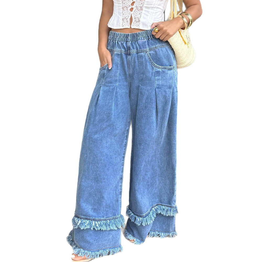 Fashionjeans women's elastic waist double-layer raw edge wide-leg mop pants soft washed denim casual