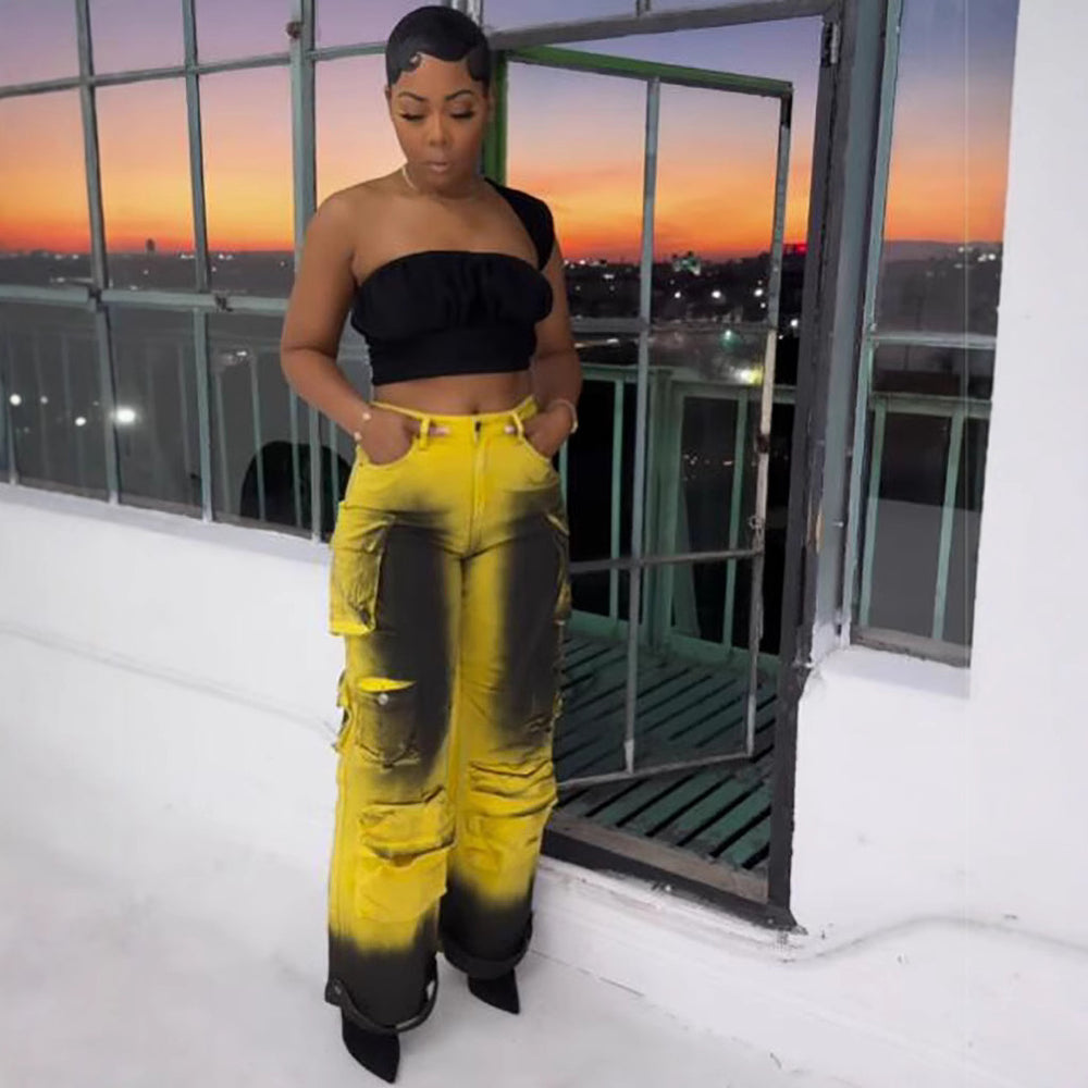 European and american style multi-pocket jeans  cross-border women's clothing african fashiontrendy tie-dye high waist overalls
