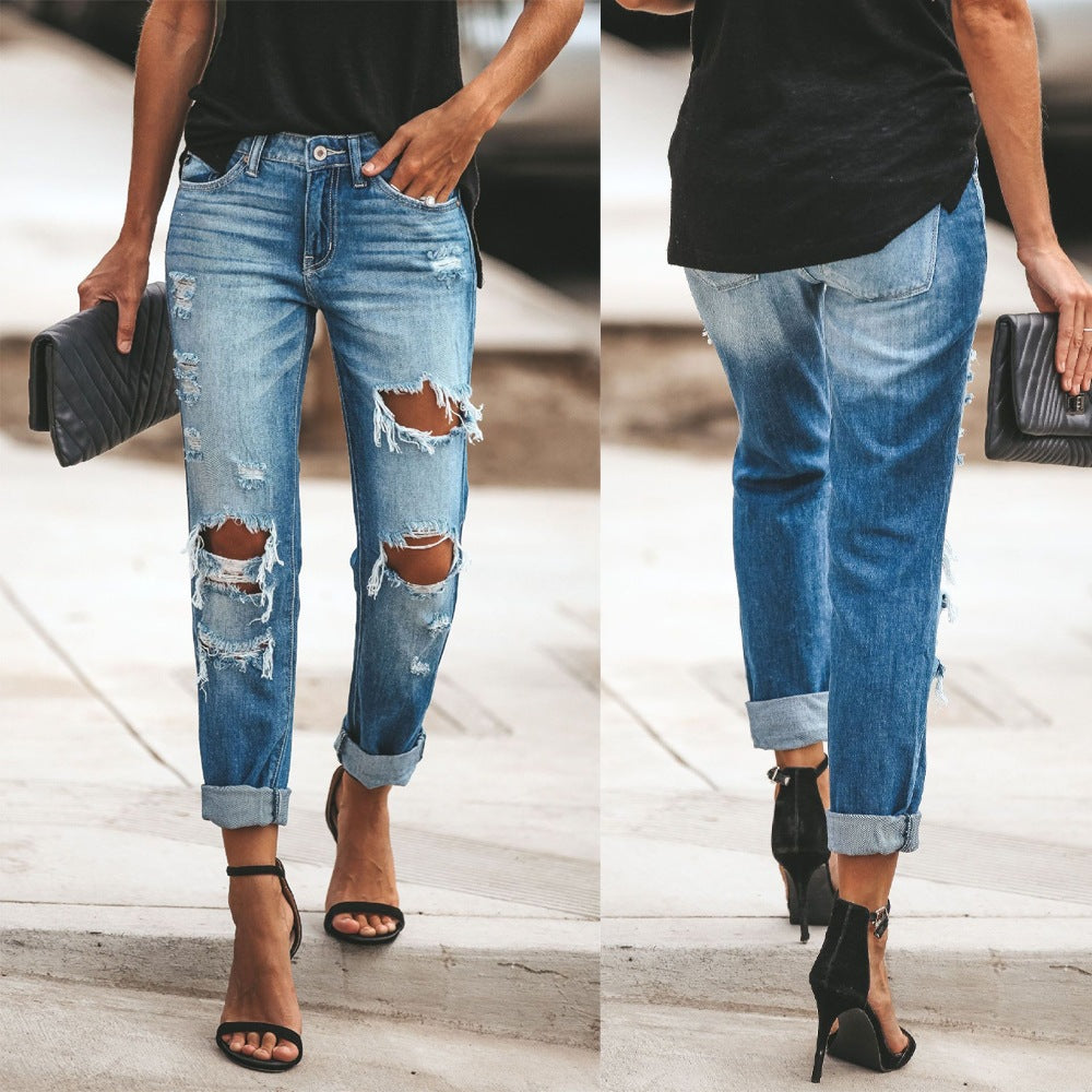 summer new arrival:  cross-border fashion, european and american style, washed  distressed straight-leg streetwear jeans for women