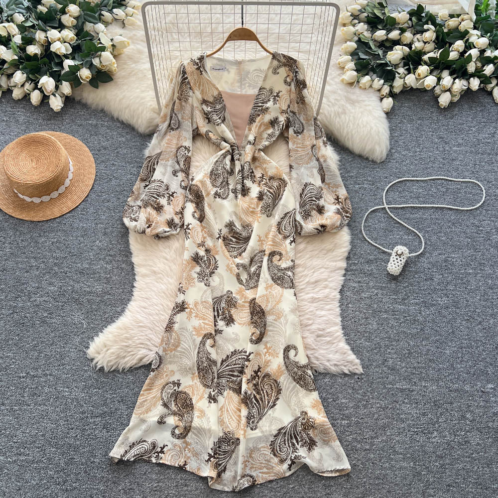 French chic v-neck patchwork lantern sleeve printed dress - slim fit, elegant, long mermaid skirt