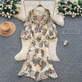 French chic v-neck patchwork lantern sleeve printed dress - slim fit, elegant, long mermaid skirt