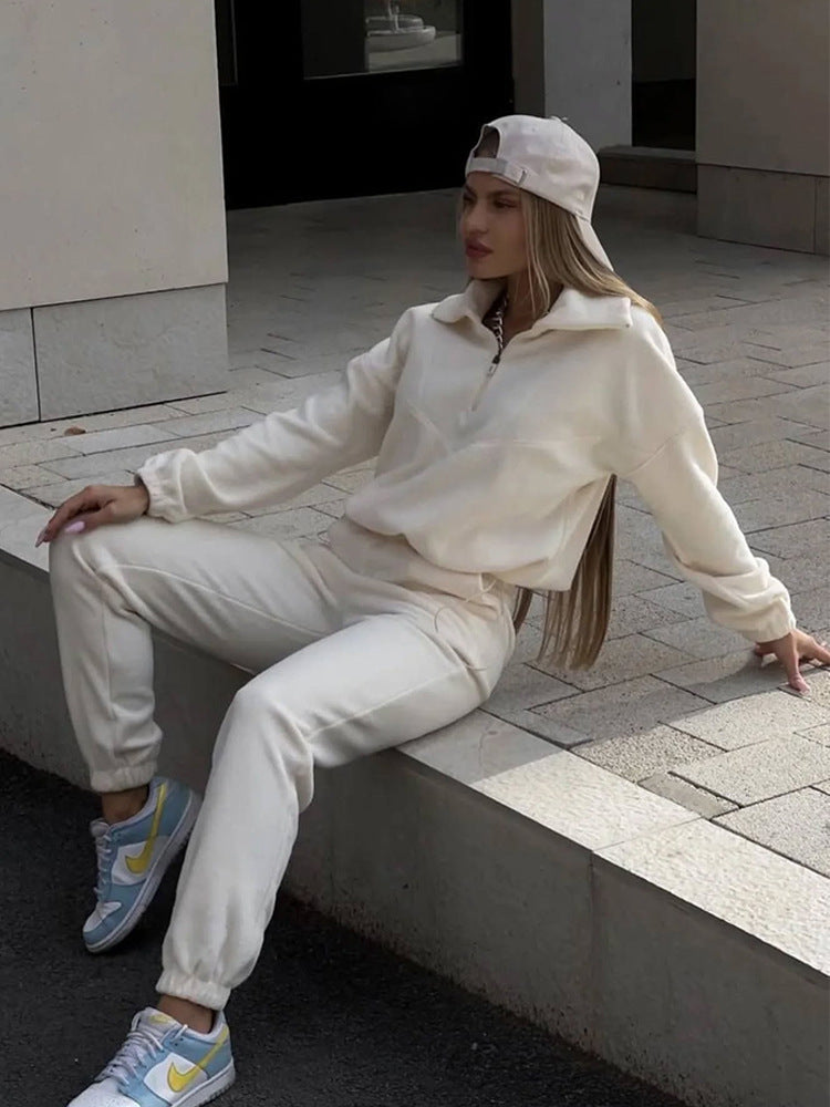 European and American  fashion sweater set women's zipper semi-cardigan jumper trousers two-piece set sports suit women