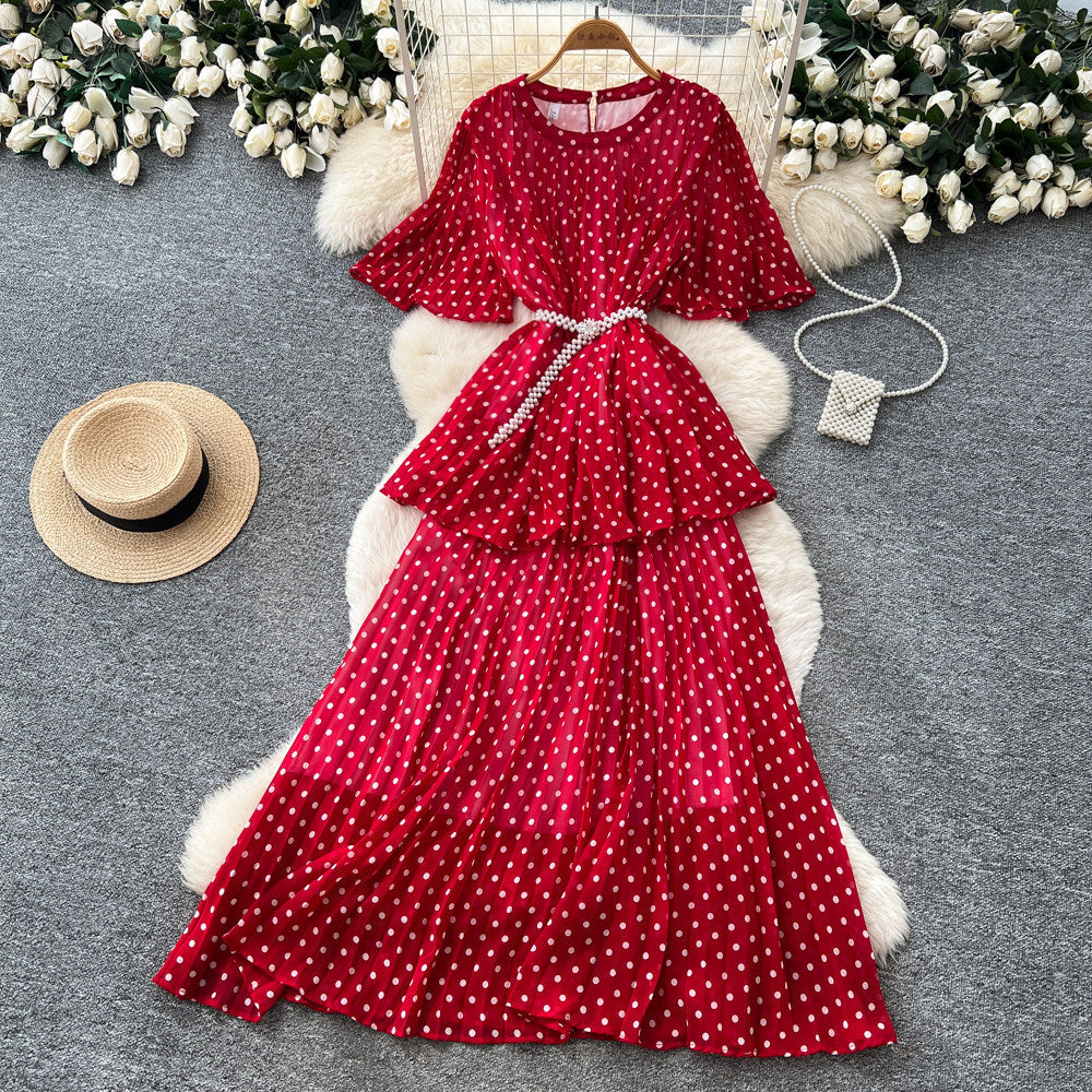 French red polka dot short-sleeve a-line dress - women's summer slimming cake dress - elegant commute maxi dress