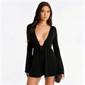 European and american export women's clothing  summer new solid color deep v long sleeve belted ruched sexy shorts jumpsuit