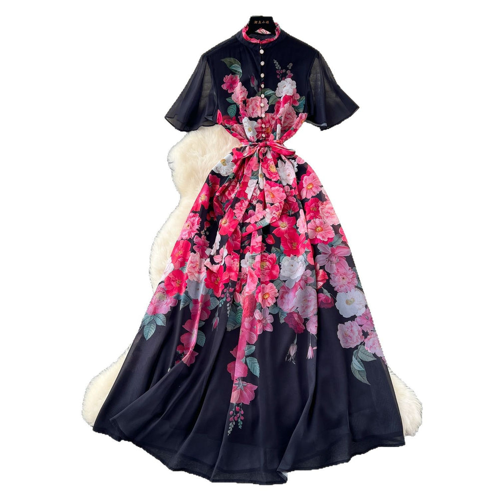 new resort style women's dress - french pearl button detail, cinched waist, slimming, elegant printed chiffon maxi dress