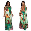 C6763 cross-border   fashion women's sexy printed sleeveless backless maxi dress