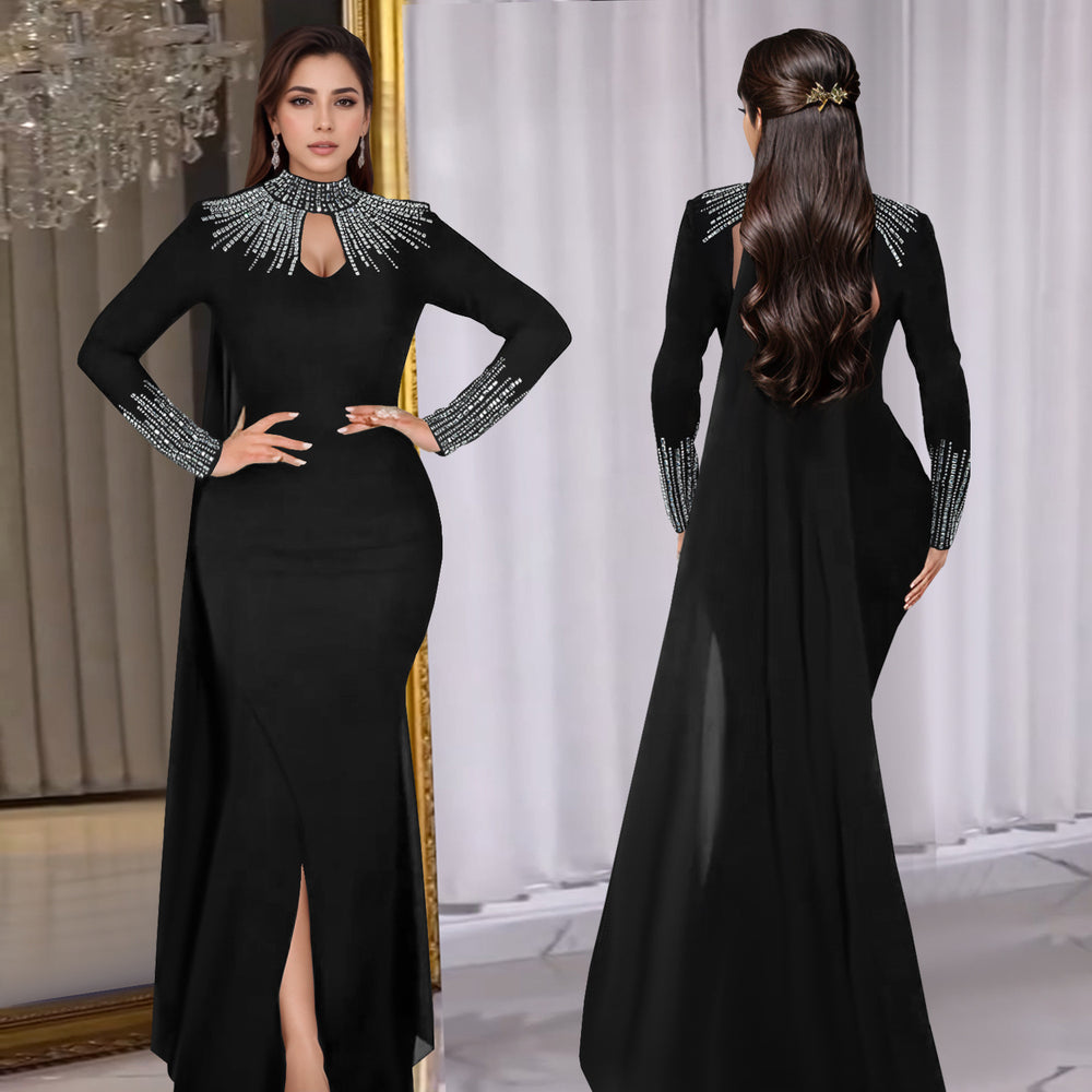 C7381 cross-border   fashion women's elegant see-through rhinestone long sleeve bodycon dress