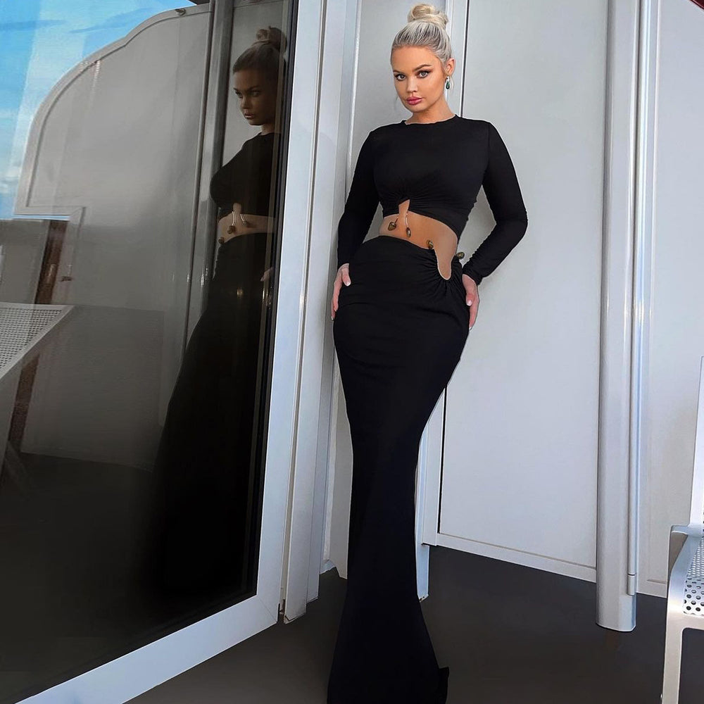 fall/winter european and american hot-selling women's fashion crop top long sleeve slim-fit skirt set wholesale