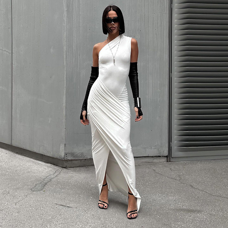 summer new european and american style cross-border women's solid color maxi dress casual asymmetrical sleeveless slim-fit one-shoulder dress