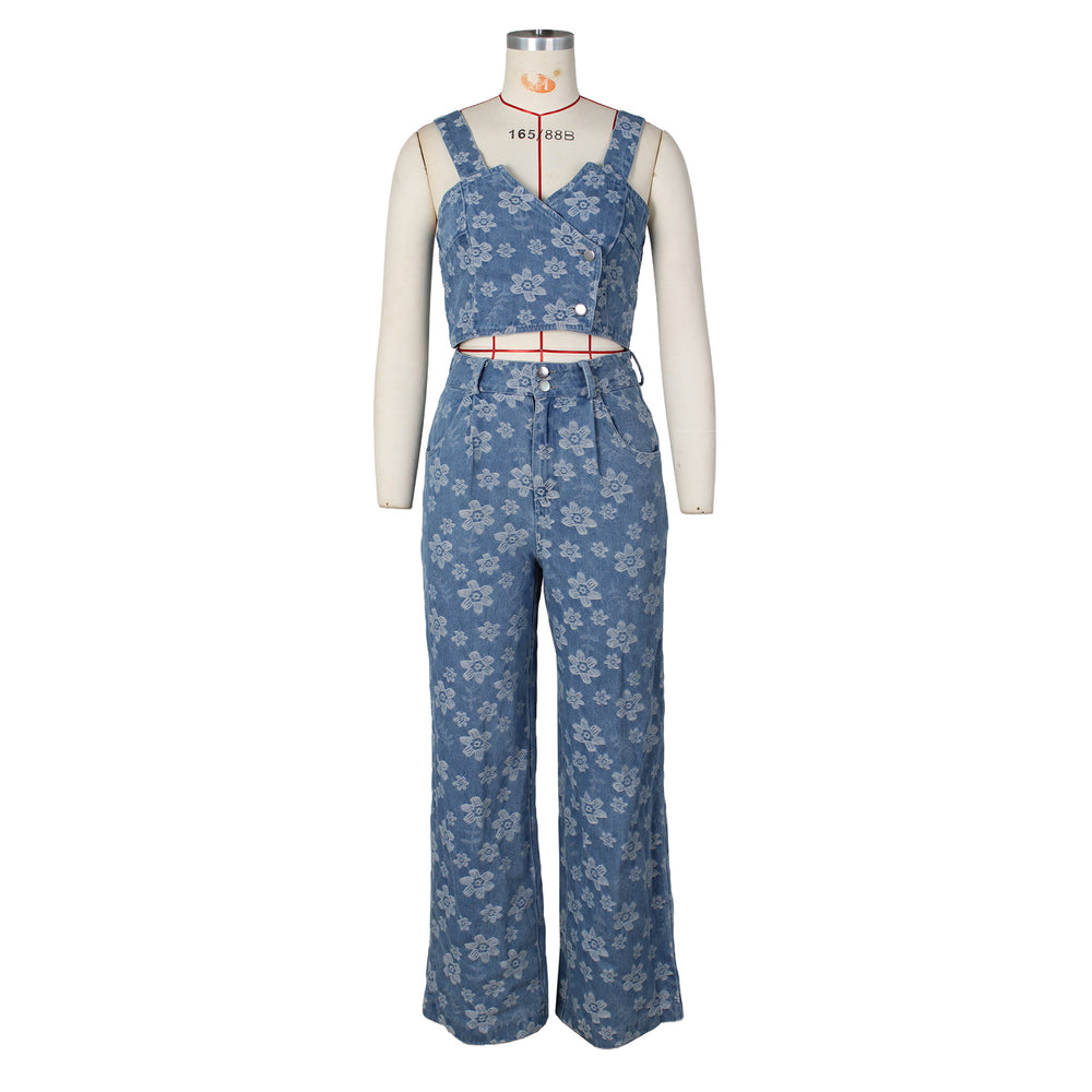 Fall and winter european and american clothing fashion denim jacquard suit ins nightclub wrap topsloose pants suit