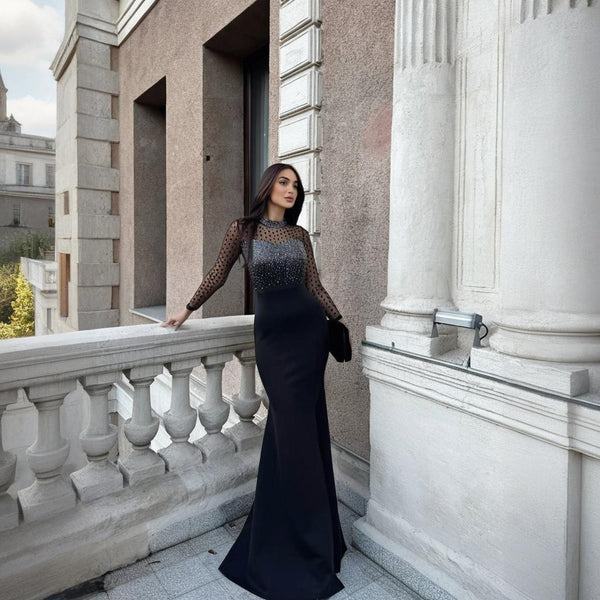 CY901796 European and American hot diamond mesh yarn long-sleeved splicing waist split dress women slim long dress skirt women