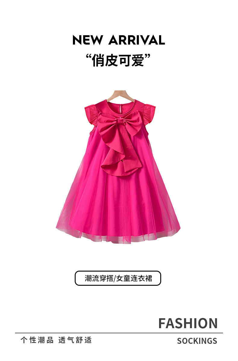 Pink girls' dress - mesh bowknot pleated princess dress - sleeveless a-line sundress for toddlers and young children