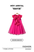 Pink girls' dress - mesh bowknot pleated princess dress - sleeveless a-line sundress for toddlers and young children