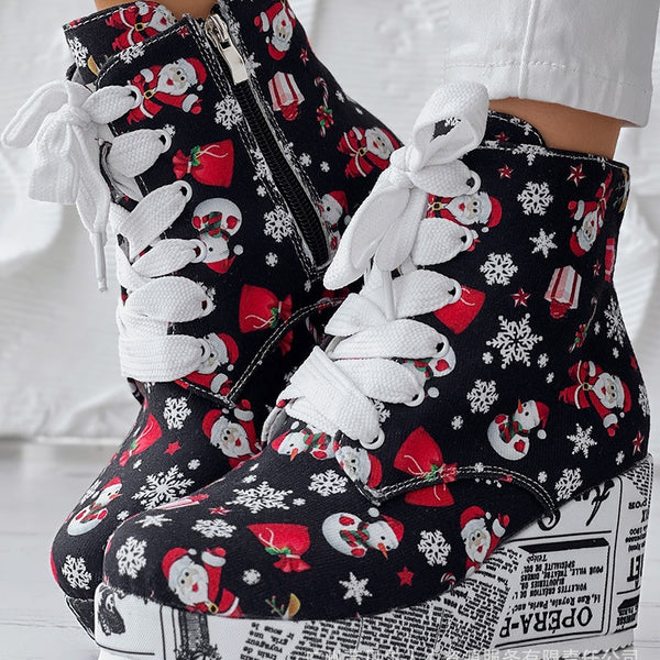 Fashion Single Item European Christmas Letter Printed Fleece Zipper Lace-Up Boots LZT8315